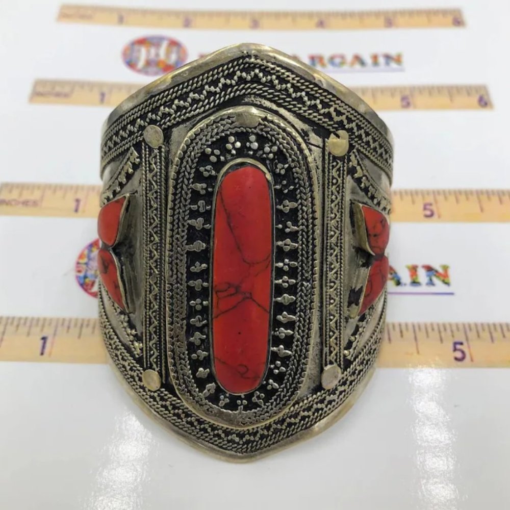 Single Coral Stone Afghan Cuff Bracelet: Handmade Kuchi Tribal Jewelry